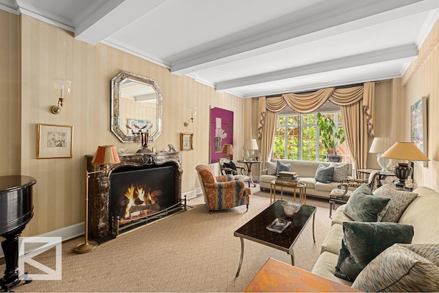living room with beam ceiling, ornamental molding, carpet flooring, wallpapered walls, and a premium fireplace
