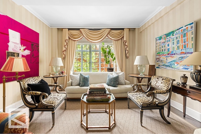 115 E 67th St Unit 3D/4D, New York City, NY 10065 - living room featuring ornamental molding, wallpapered walls, and baseboards