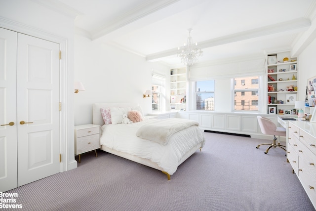 carpeted bedroom with ornamental molding, beamed ceiling, and a chandelier
