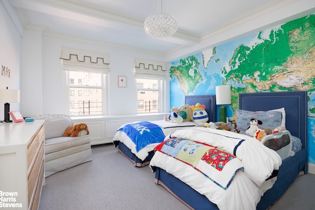 carpeted bedroom with ornamental molding, a chandelier, and wainscoting