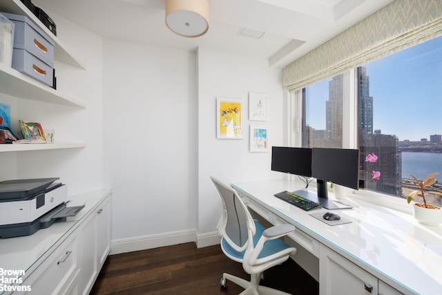 office with dark wood-style flooring and baseboards