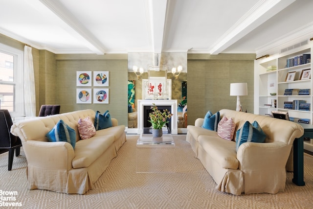 living area with beam ceiling, a chandelier, ornamental molding, and carpet flooring