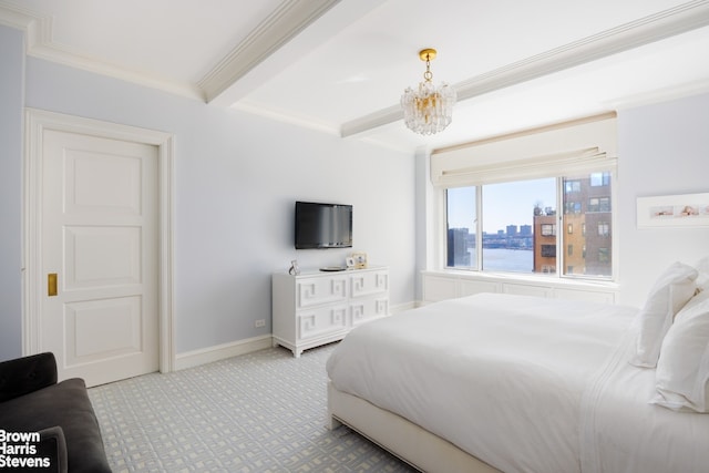 carpeted bedroom featuring beamed ceiling, a chandelier, ornamental molding, and baseboards