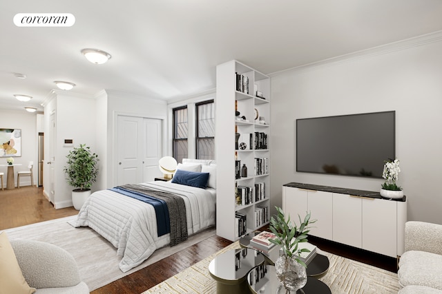 24-65 38th St Unit A5, New York City, NY 11103 - bedroom featuring crown molding, wood finished floors, and a closet