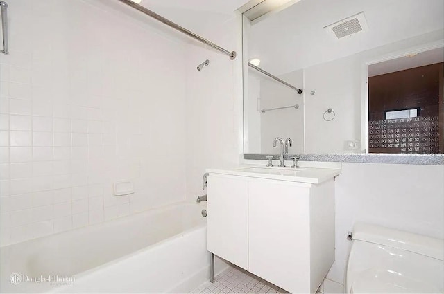bathroom with toilet, visible vents, shower / bathing tub combination, and vanity