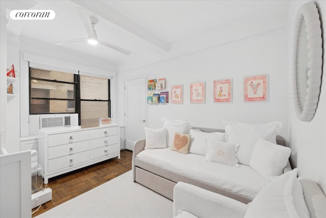 545 W End Ave Unit 7Ef, New York City, NY 10024 - bedroom with ceiling fan, beamed ceiling, and visible vents