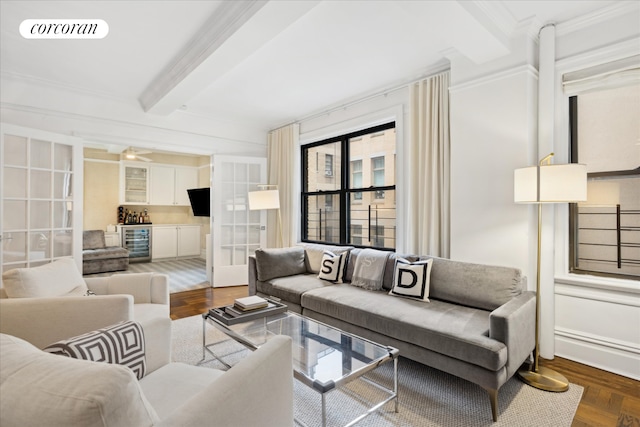 545 W End Ave Unit 7Ef, New York City, NY 10024 - living room with ornamental molding, beamed ceiling, beverage cooler, and visible vents