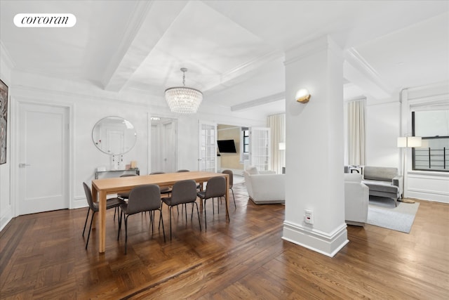 545 W End Ave Unit 7Ef, New York City, NY 10024 - dining space featuring crown molding, a notable chandelier, baseboards, beamed ceiling, and visible vents