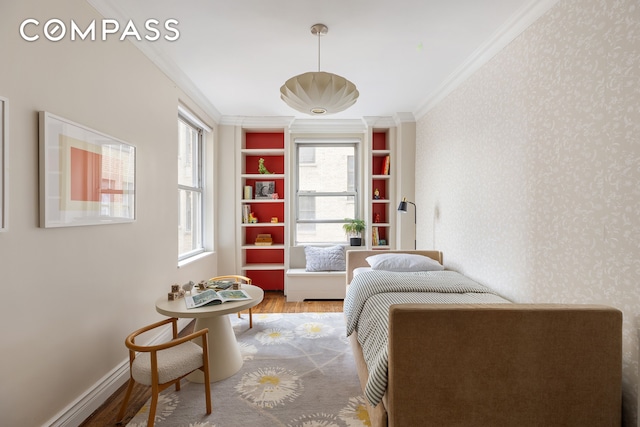 180 E 79th St Unit 14G, New York City, NY 10075 - bedroom featuring ornamental molding, wood finished floors, wallpapered walls, and baseboards