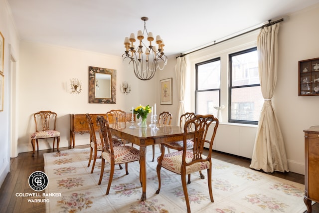 170 E 79th St Unit 9/10B, New York City, NY 10075 - dining area with a chandelier, light wood-style floors, ornamental molding, and baseboards