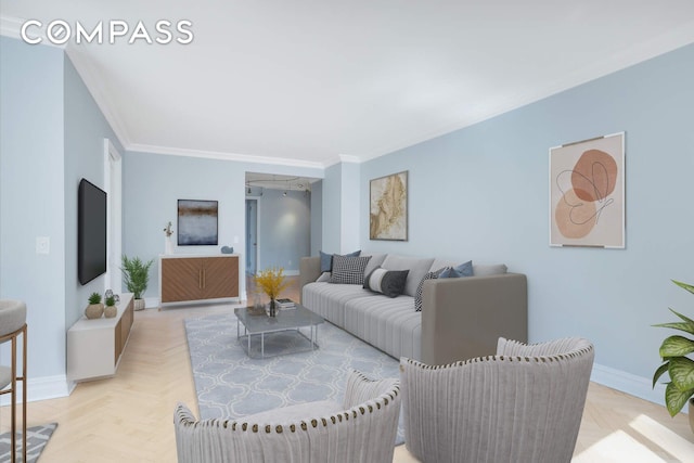 living room featuring crown molding and baseboards