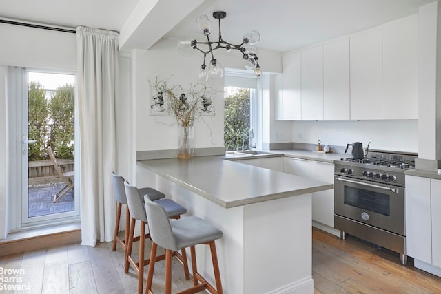 kitchen featuring a sink, light wood-style floors, a kitchen breakfast bar, high end stove, and a peninsula