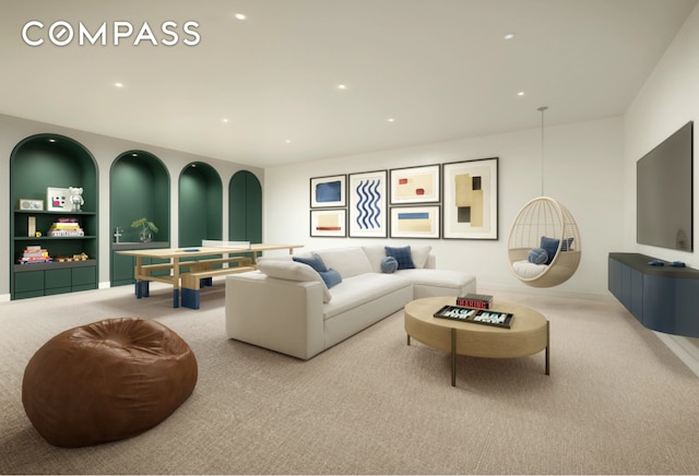 200 E 83rd St Unit 24C, New York City, NY 10028 - living area with carpet flooring, recessed lighting, and built in shelves