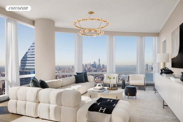 living room featuring an inviting chandelier, a view of city, visible vents, and wood finished floors