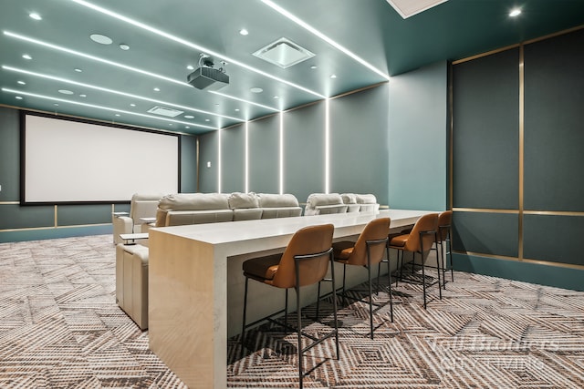 cinema featuring visible vents, carpet, and recessed lighting