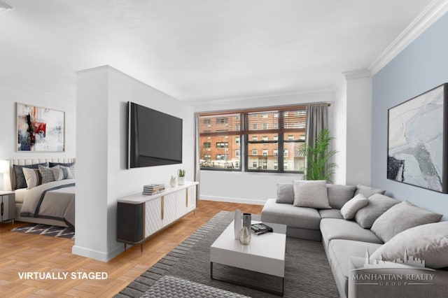 living room featuring baseboards and crown molding