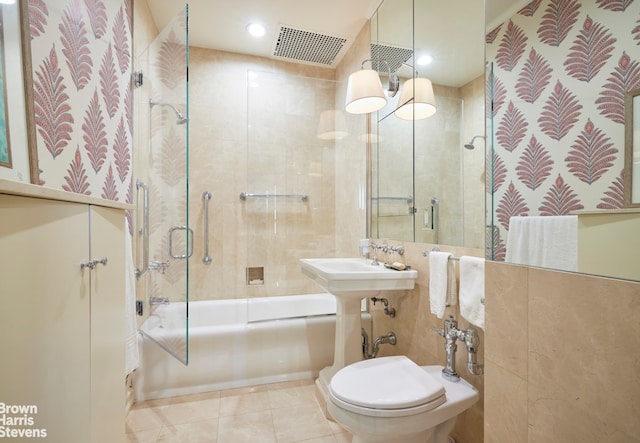full bath with recessed lighting, tile patterned flooring, toilet, visible vents, and tub / shower combination