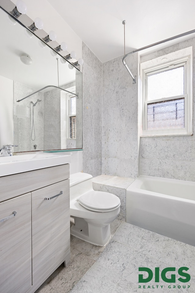 full bath featuring a bathing tub, toilet, a healthy amount of sunlight, and a shower
