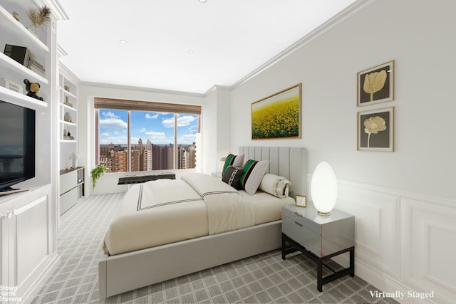 200 E 69th St Unit 42A, New York City, NY 10021 - bedroom with a decorative wall, crown molding, and wainscoting
