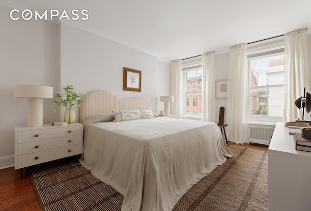 130 Fort Greene Place, New York City, NY 11217 - bedroom featuring radiator, crown molding, and dark wood-style floors