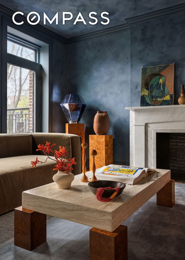 130 Fort Greene Place, New York City, NY 11217 - carpeted dining room featuring ornamental molding and a fireplace
