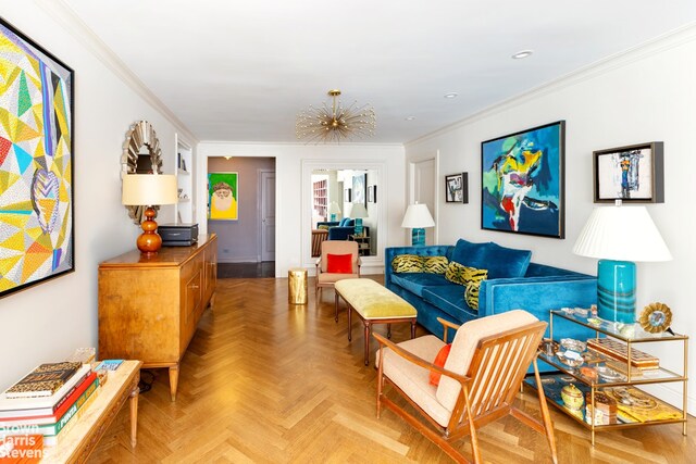 310 E 70th St Unit 4Lm, New York City, NY 10021 - living area featuring ornamental molding, recessed lighting, and a chandelier
