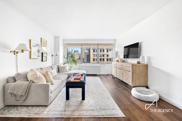 10 W 15th St Unit 1523, New York City, NY 10011 - living room with crown molding, dark wood finished floors, and baseboards
