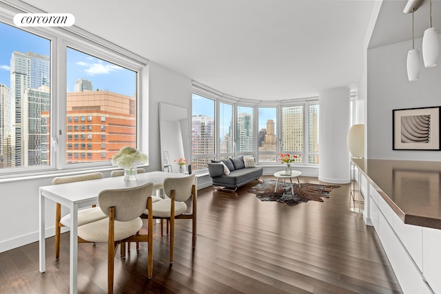 306 Gold St Unit 25D, New York City, NY 11201 - dining space with a skyline view, dark wood-style floors, and baseboards