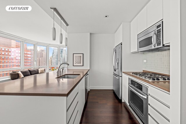 kitchen with dark countertops, a sink, dark wood finished floors, stainless steel appliances, and a peninsula