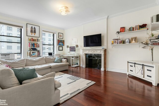 229 W 97th St Unit 6E, New York City, NY 10025 - living room with dark wood finished floors and ornamental molding