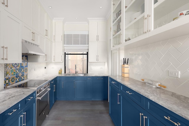 kitchen featuring stainless steel range, under cabinet range hood, a sink, blue cabinetry, and recessed lighting
