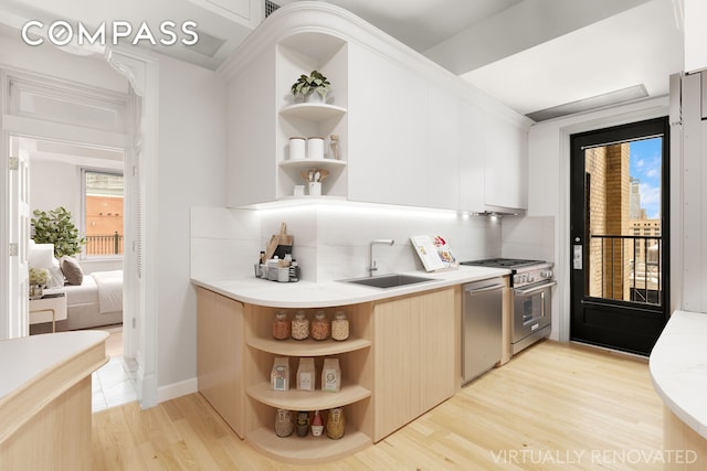 kitchen featuring open shelves, a sink, light wood-style floors, stainless steel appliances, and tasteful backsplash
