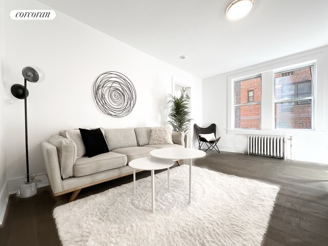 148-09 Northern Blvd Unit 1J, New York City, NY 11354 - living room with radiator heating unit, wood finished floors, and baseboards
