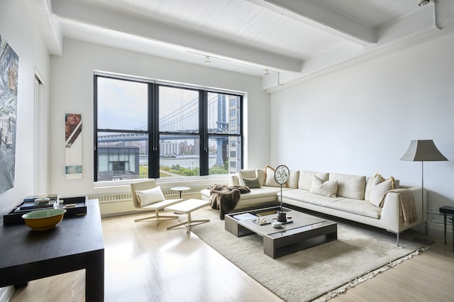 30 Main St Unit 7H, New York City, NY 11201 - living room with wood finished floors and beam ceiling