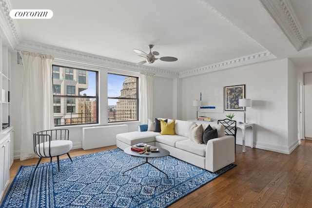215 W 91st St Unit 111, New York City, NY 10025 - living room with a ceiling fan, baseboards, wood finished floors, and ornamental molding