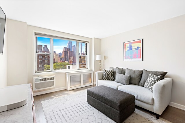 living area with wood finished floors, baseboards, a city view, and a wall mounted air conditioner