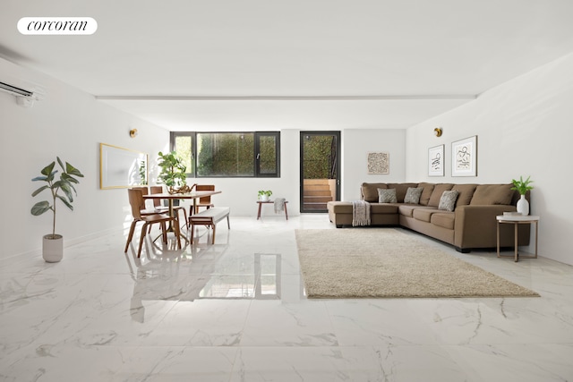 living room with visible vents, marble finish floor, and an AC wall unit