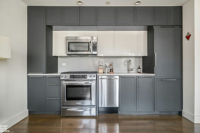 432 W 52nd St Unit 7H, New York City, NY 10019 - kitchen with stainless steel appliances, gray cabinetry, light countertops, decorative backsplash, and dark wood-style flooring