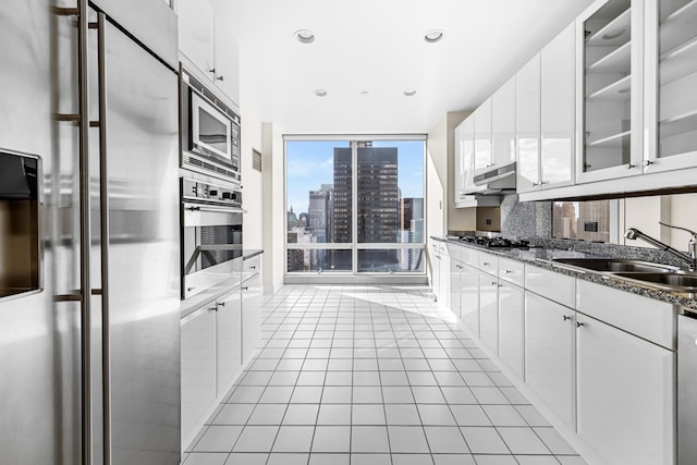 845 United Nations Plz Unit 52C, New York City, NY 10017 - kitchen with stainless steel appliances, a sink, white cabinets, a city view, and glass insert cabinets