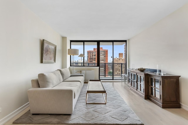 living room with a city view, light wood-type flooring, baseboards, and expansive windows