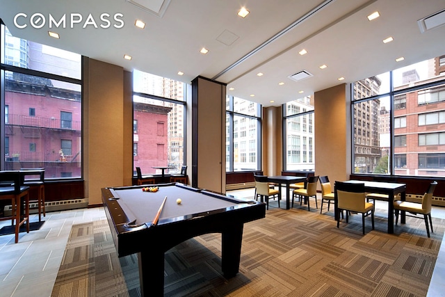 game room with visible vents and billiards