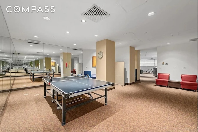 playroom with recessed lighting, carpet, baseboards, and visible vents