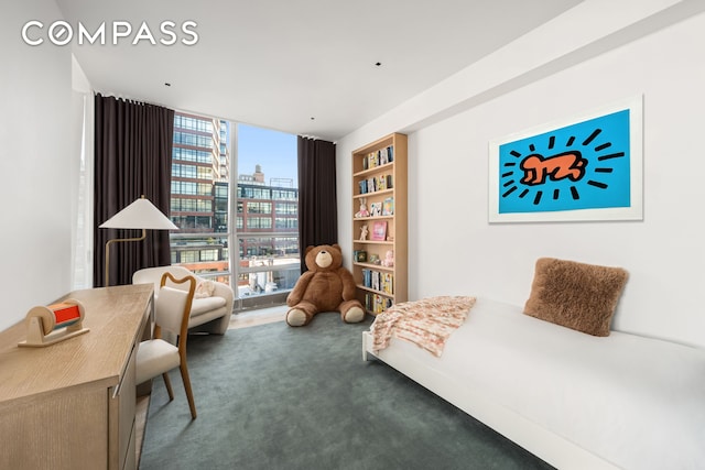 bedroom with a city view, carpet flooring, and expansive windows
