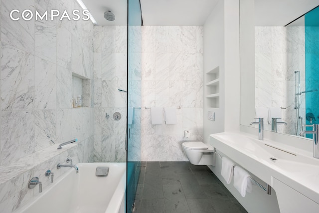 full bath with vanity, a washtub, toilet, a shower, and tile walls