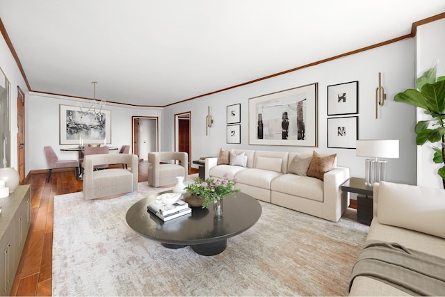 living area with wood finished floors and ornamental molding
