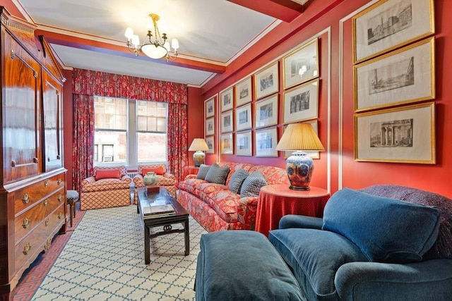 living area with ornamental molding and an inviting chandelier