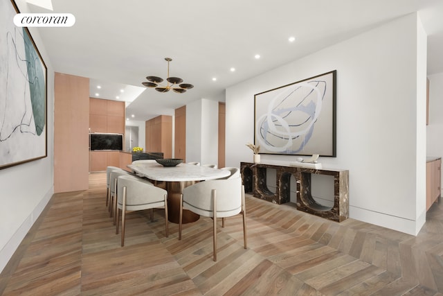 dining space with a chandelier, visible vents, baseboards, and recessed lighting