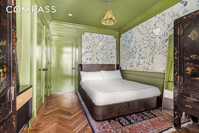 bedroom featuring ornamental molding and recessed lighting