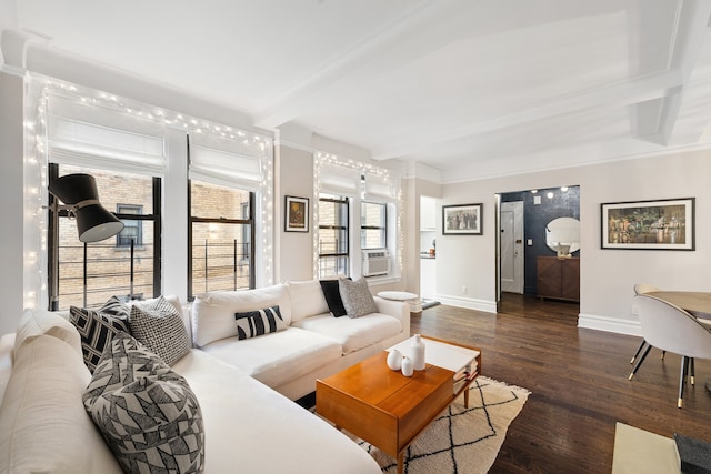 130 E 94th St Unit 5-E, New York City, NY 10128 - living room with baseboards, wood finished floors, beam ceiling, and ornamental molding