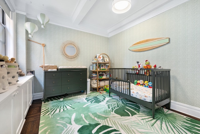 130 E 94th St Unit 5-E, New York City, NY 10128 - bedroom featuring crown molding, wallpapered walls, wood finished floors, a crib, and beam ceiling
